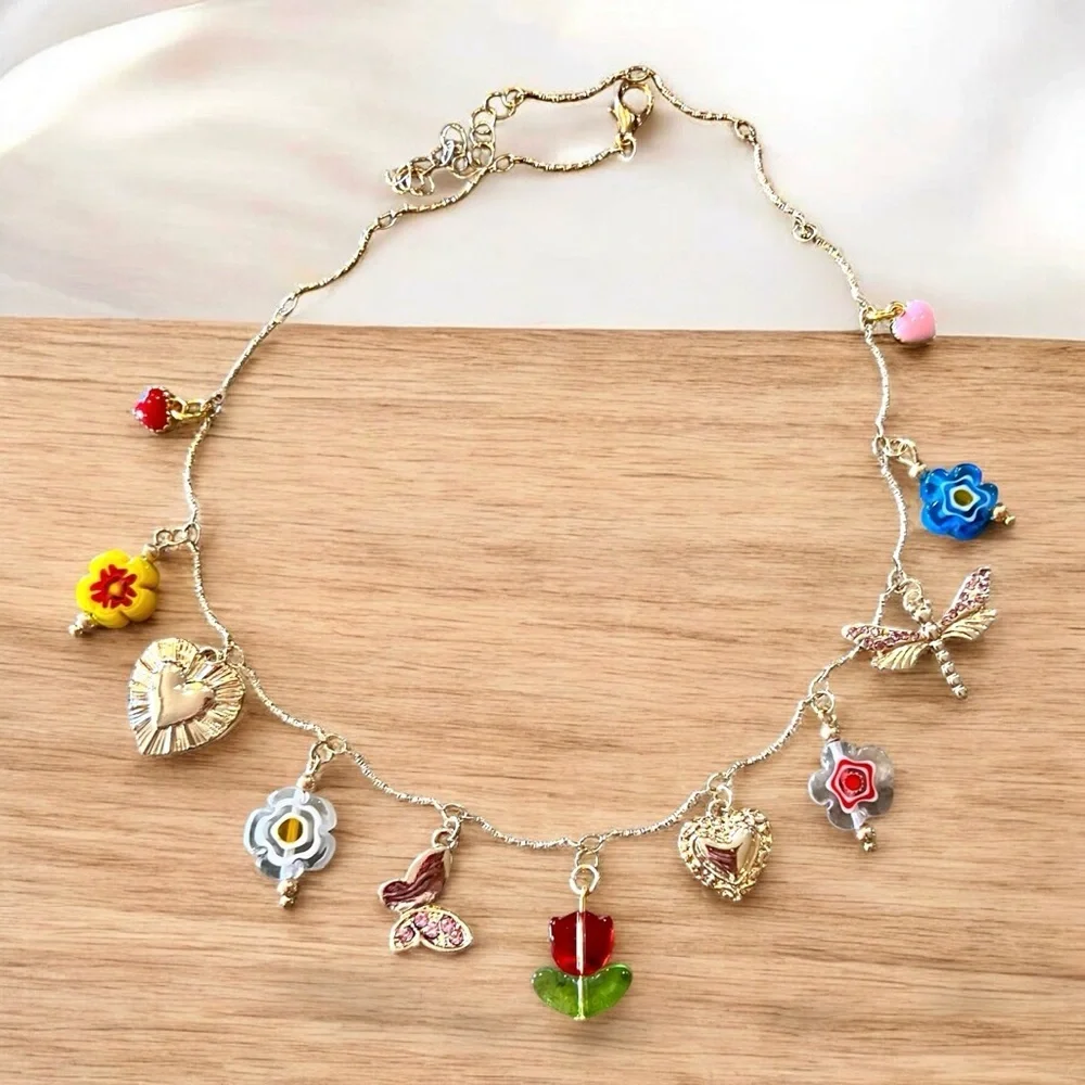 Gold and Red toned Charm Necklace glass rhinestones enamel tulip flower hearts